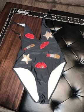 Vegas or South Beach! Black One-Piece Swimsuit with Lip, Star & Lipstick Patches